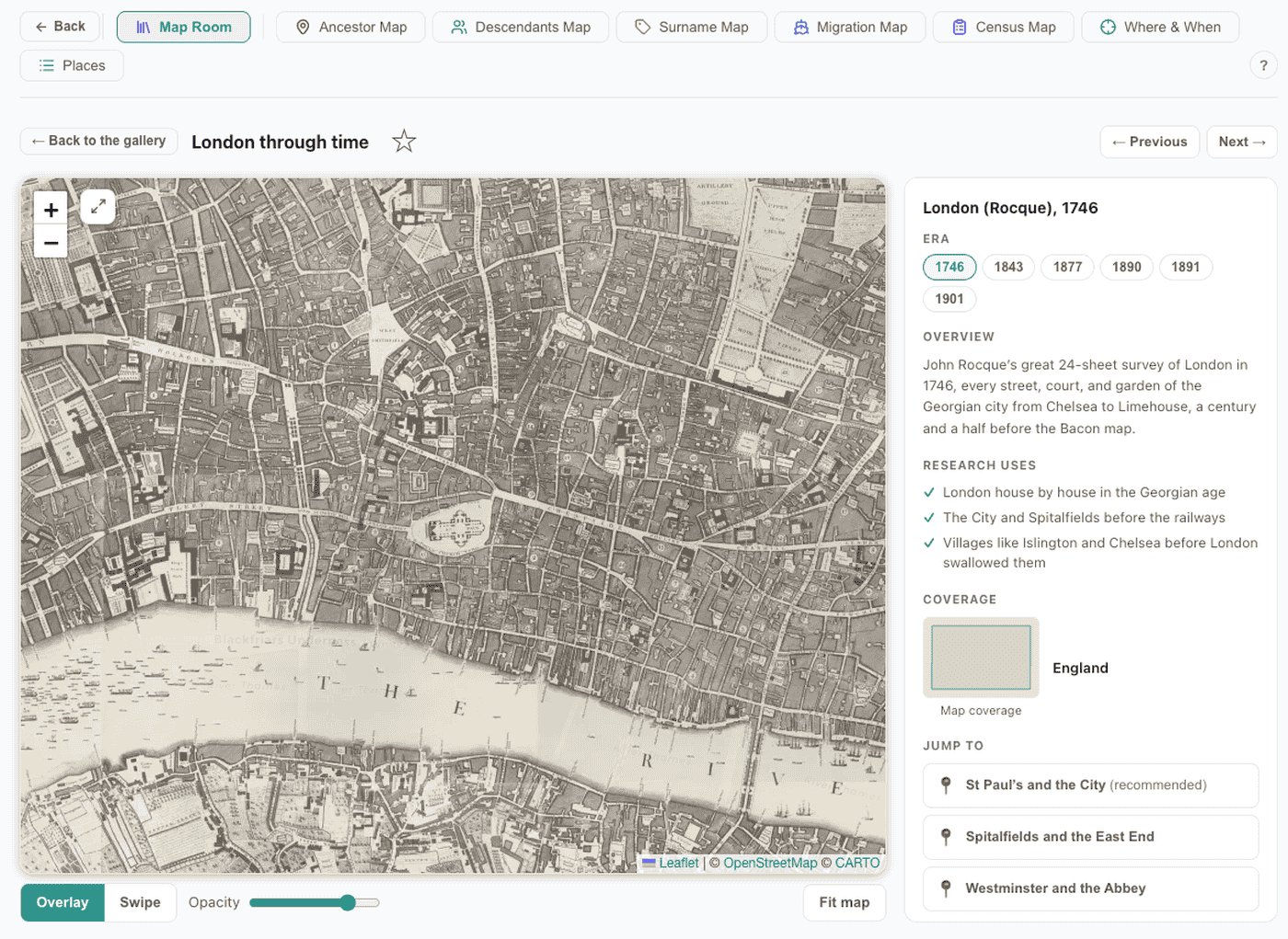An era stack in the Map Room, London through time, layered over the modern map