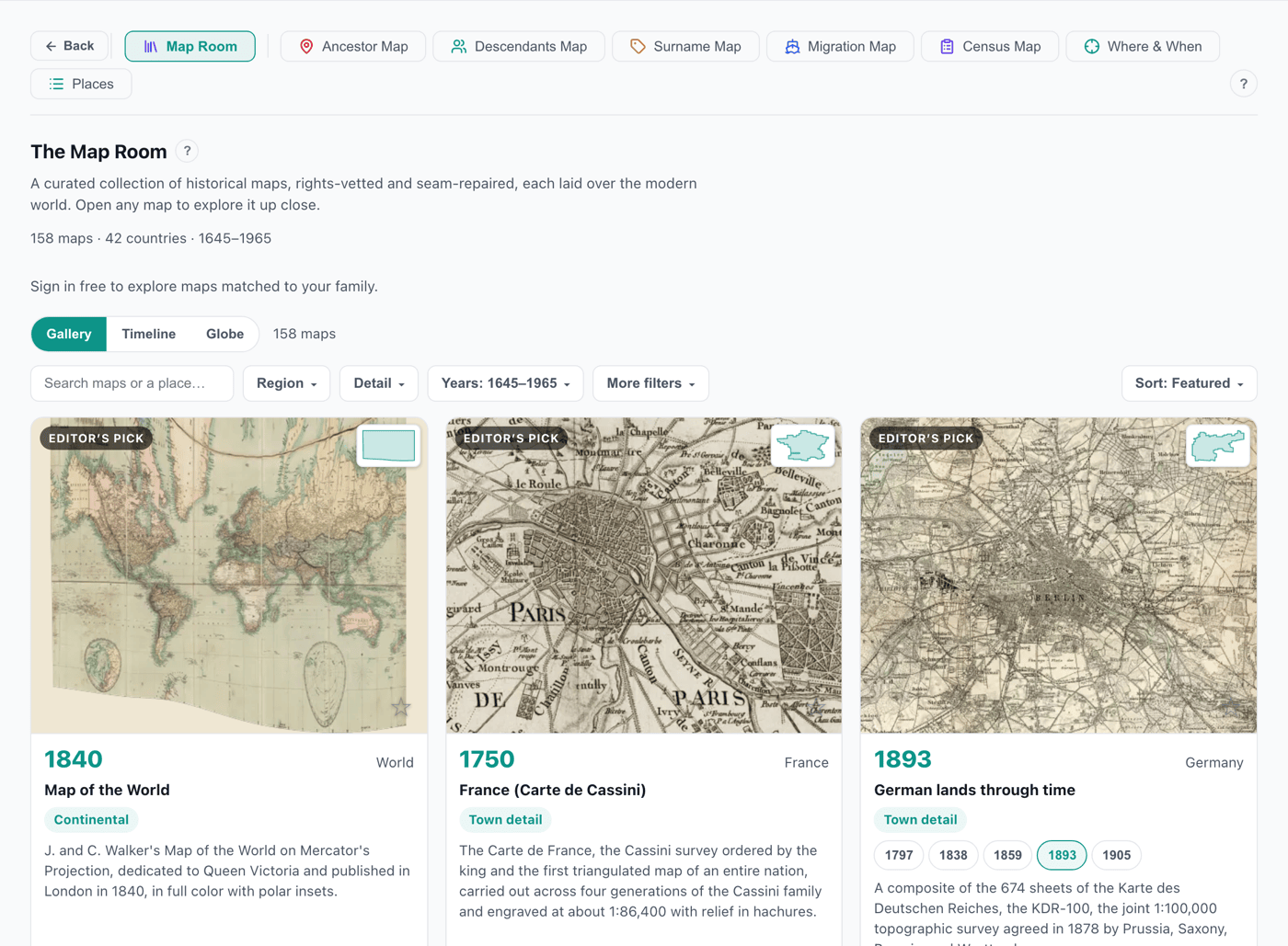 The Map Room gallery of 150+ historical maps, from world atlases to street-level city plans